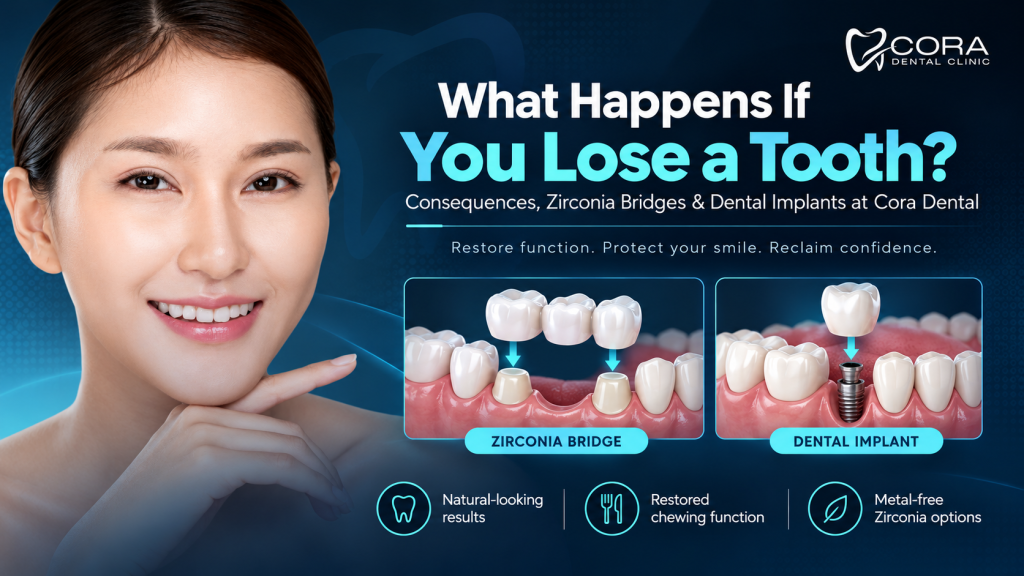 Missing tooth replacement with Zirconia dental bridge and dental implant at Cora Dental